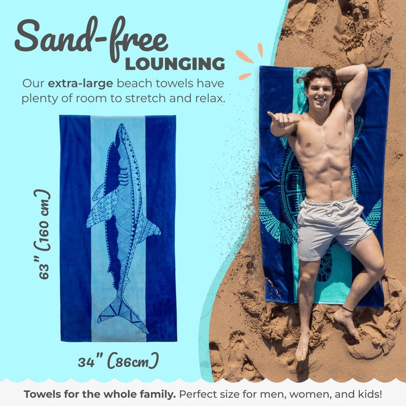 Nova Blue Shark Beach Towel â€“ Blue with A Tropical Design, Extra Large, XL (34â€x 63â€) Cool Hawaiian, Navy Beach Towel with Light Blue Stripe, Made from 100% Cotton - Image 3
